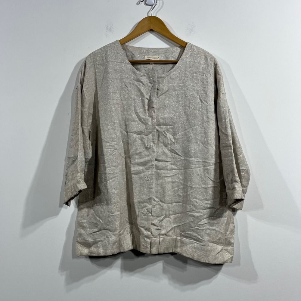 Eileen‎ Fisher Minimalist Linen Blend Button Front Jacket Womens Large Lagenlook